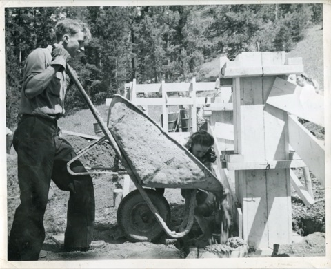 1947 Building New Lodge Man and Woman pouring concrete for foundation