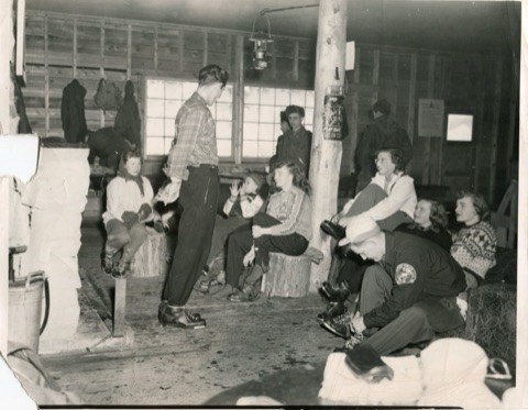 1947 Building New Lodge People inside lodge, the pole in the middle is still visible and fuctioning to this day