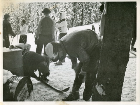 1949 Getting ready to ski near lodge