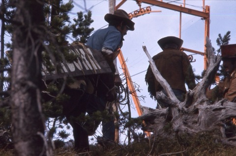 1974 Film Crew at Showdown Two guys mule with sign and 2 men