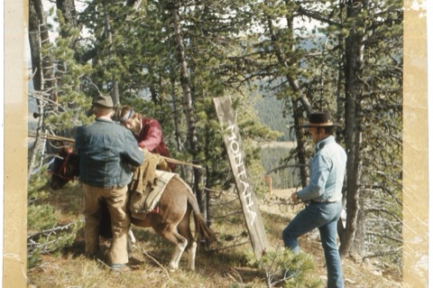 1974 Film Crew at Showdown Two guys with mule and George WIllett in black cowboy hat