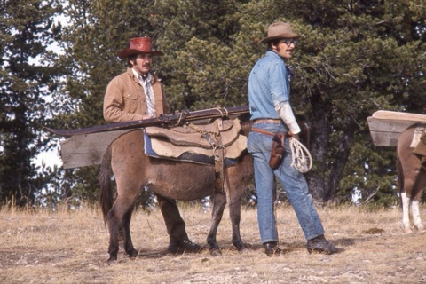 1974 Film Crew at Showdown Two guys with mule and skiis