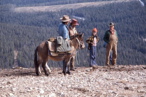 1974 Film Crew at Showdown cowboys, mule and kid on headwall