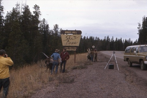 1974 Film Crew at Showdown people on highway near sign