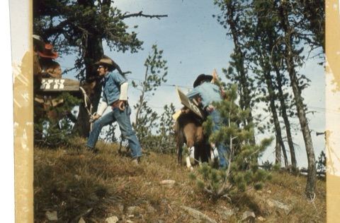 1974 Film Crew at Showdown people on sidehill with mule