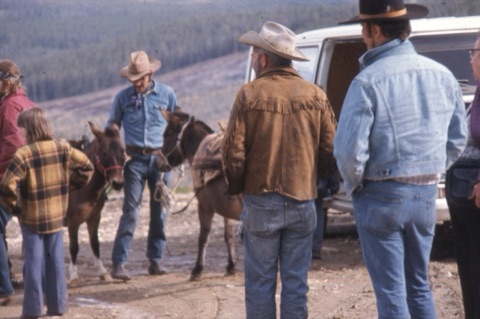 1974 Film Crew at Showdown people standing around and George Willett on far right in denim jacket