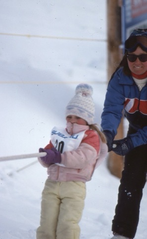 1989 unknown kid and Sue Stanford (Gold) on rope tow