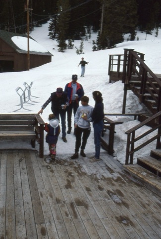 1990s Avery Gold, Jerry Solberg, Charley Willett, Margie Willett on lodge deck