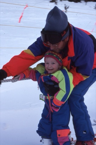 1990s Avery learning on rope tow with Mike