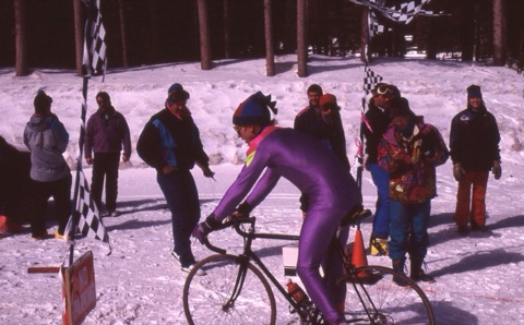 1990s Belt Creek Headwaters Biker at finish line