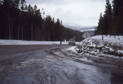1990s Belt Creek Headwaters Race biker and guide truck on Kings Hill Pass