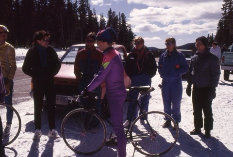 1990s Belt Creek Headwaters Race finsih with crowd on King's Hill Pass