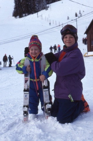1990s Charley and Avery first day skiing