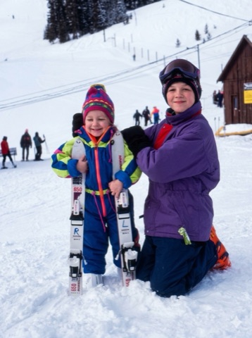 1990s Charley and Avery first day skiing