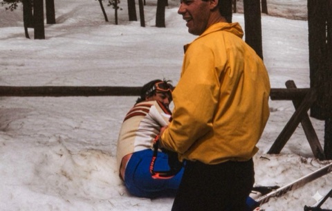 1990s Dave Broquist in yellow jacket, Joe Blanchard on the ground-edited
