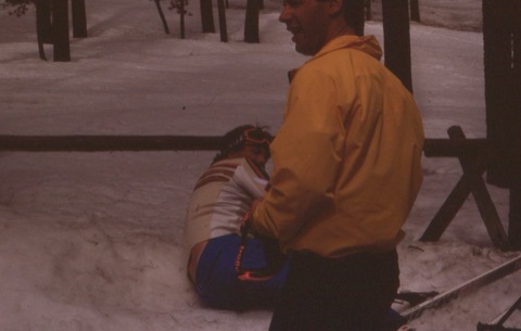 1990s Dave Broquist in yellow jacket, Joe Blanchard on the ground