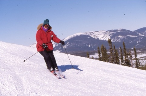 1990s Debbie "Debaho" Trenberth skiing on upper headwall of Big-7