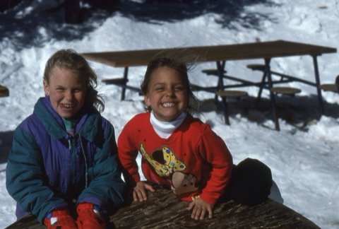1990s Jessica Airhart and Nicole Airhart on lodge deck