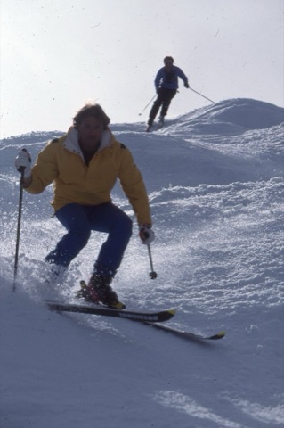 1990s Joe Blanchard skiing moguls in yellow jacket