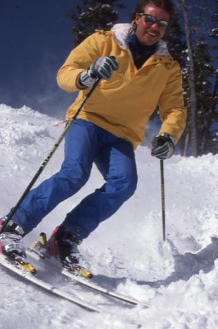 1990s Joe Blanchard skiing on bluebird day
