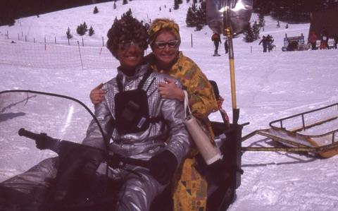 1990s Joe Pope and Katie Tacky Attire on snowmobile