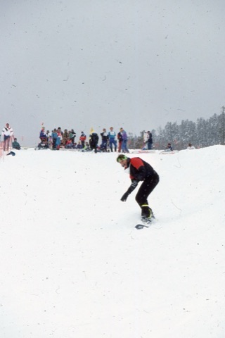 1990s Kathy Sulser in snowboard comp