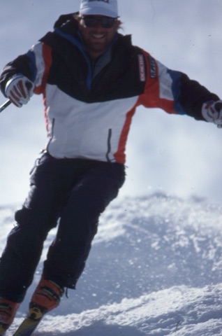 1990s Kevin Lacey skiing and smiling