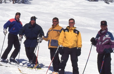 1990s Rick Jacobs, Lyle Cigler, Scott Dvorak, unknown and unknown ski instructors on mountain