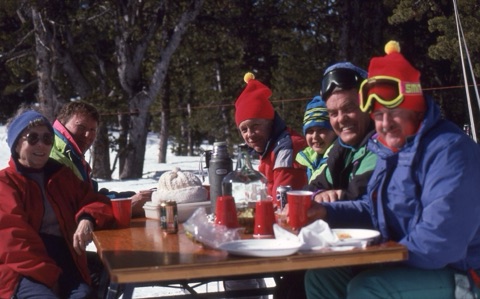 1990s Vera-Mae Mathews, Ed Noble — The lodge — Ski Bums having lunch