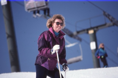 1990s Trudy Walker Skiing with charilift in back