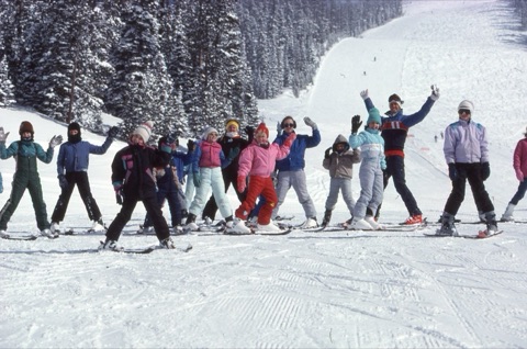 1990s unknown Ski School class in learning area