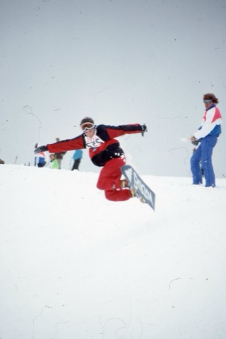 1990s unknown Snowboarder in comp with Frank Feeback judging