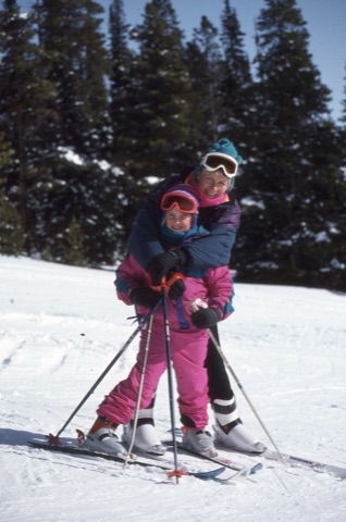 1990s unknown girl with Claudia Hall on skiis