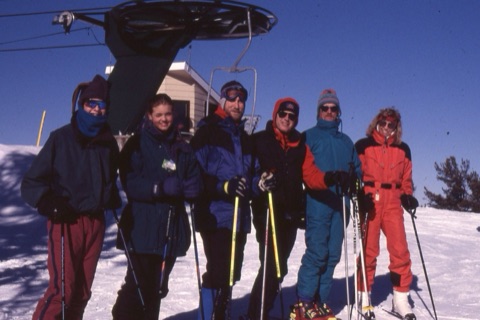 1990s unknown group of skiers on top of mountain