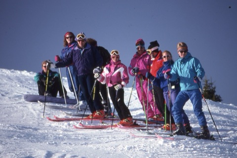 1990s Joan Rostad, Jim Gold — On the Mountain — Group of skiers and a snowboarder