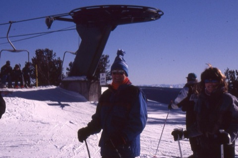 1990s unknown people on top of mountain near triple chair