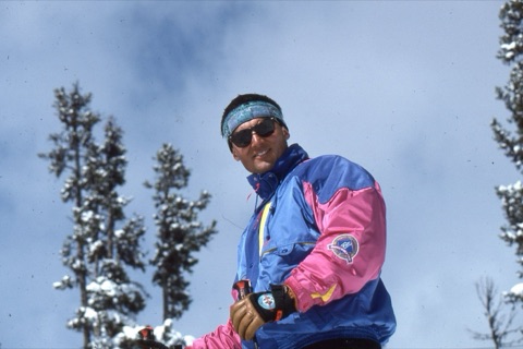 1990s unknown skier in bright clothes