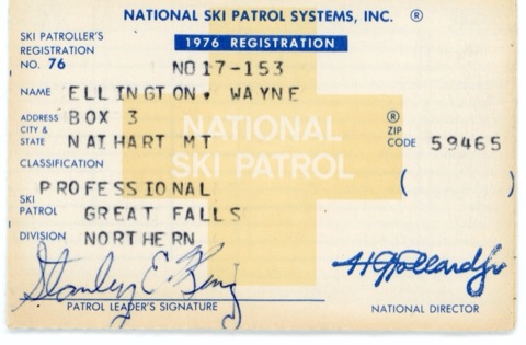 Wayne Ellington's 1976 National Ski Patrol registration card