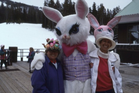 1990s unknown women, Easter Bunny  on Lodge Deck