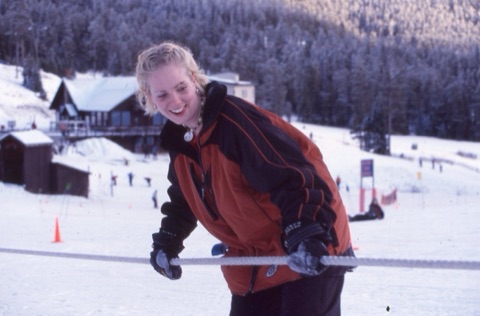 2000s Alice Katzenberger on rope tow smiling