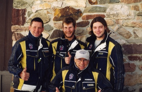 2000s Jim Driver:Derek Whittenberg:Ty Johnson:Leo Hurtz ski school in front of lodge chimney