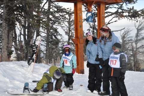 2009 Kelsey han, Bodie Morrison with ski school class near Mikes Bell on top the mountain