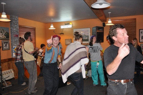 2010 Ben haugan, Nicki Reynolds, Frank Feeback dancing to music in bar