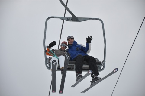 2010 Bonnie Gebhart, Kathy Sulser on chairlift waving