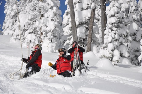 2010 Mel Carnahan ski patrol practicing lift evacuation in deep snow