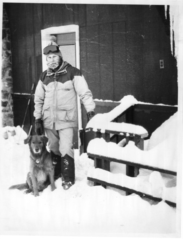1977 John Kowalski, Gus the Dog — The Lodge — Enjoying the snow