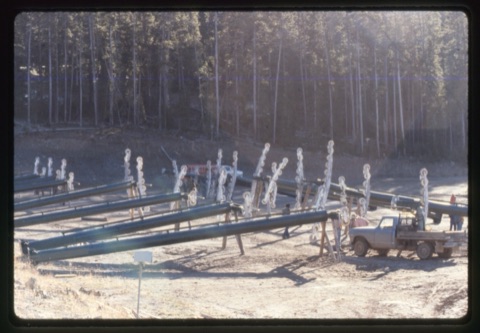 1978 Triple Chairlift Construction towers in parking lot