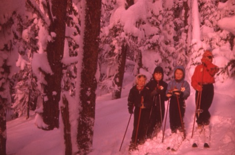 1958 Nancy Cory, Marcia Cory, Sally Wiseman, Gayle Cory — Young skier girls