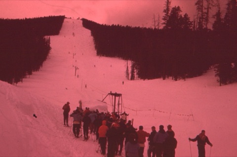 1958 The Hall-O — Skiers waiting for the Poma Lift