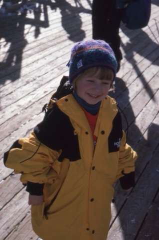 1994 Avery Patrick (Gold) on the deck in big yellow coat